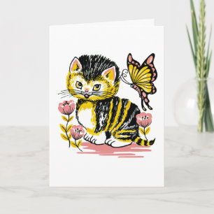 Adorable Kitten and Butterfly Kids Birthday Card