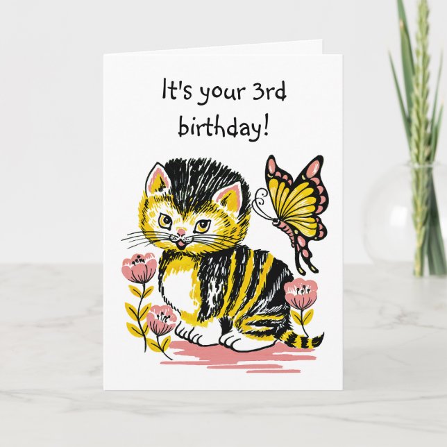 Adorable Kitten and Butterfly Third Birthday Card (Front)