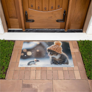 Adorable kitten and mouse in the snow together doormat