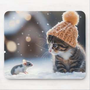 Adorable kitten and mouse in the snow together pad