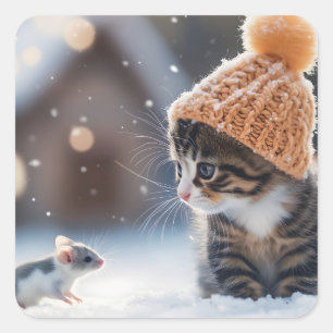 Adorable kitten and mouse in the snow together square sticker