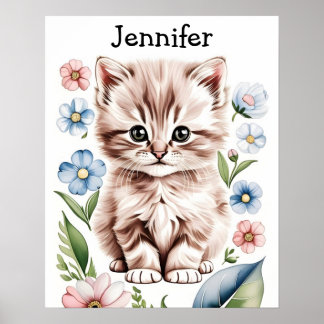 Adorable Kitten and Spring Flowers Poster