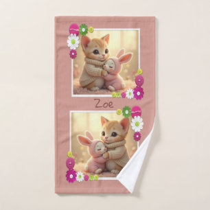 Adorable kitten and tiny baby bunny, personalized  hand towel