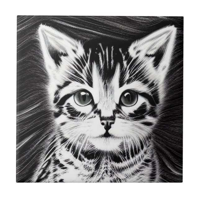 Adorable kitten black and white stripes ceramic tile (Front)