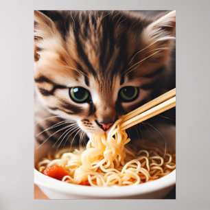Adorable  Kitten Eating Ramen Noodles Poster