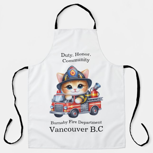 Adorable kitten firefighter in bright truck apron (Front)