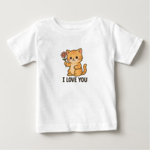 Adorable Kitten Holding Flower – I LOVE YOU Cute Baby T-Shirt