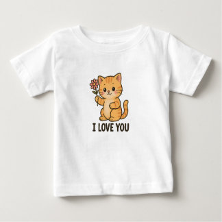 Adorable Kitten Holding Flower – I LOVE YOU Cute  Baby T-Shirt