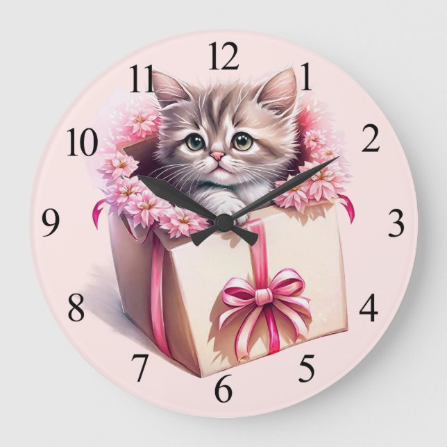 Adorable Kitten in a Box Birthday Gift Large Clock (Front)
