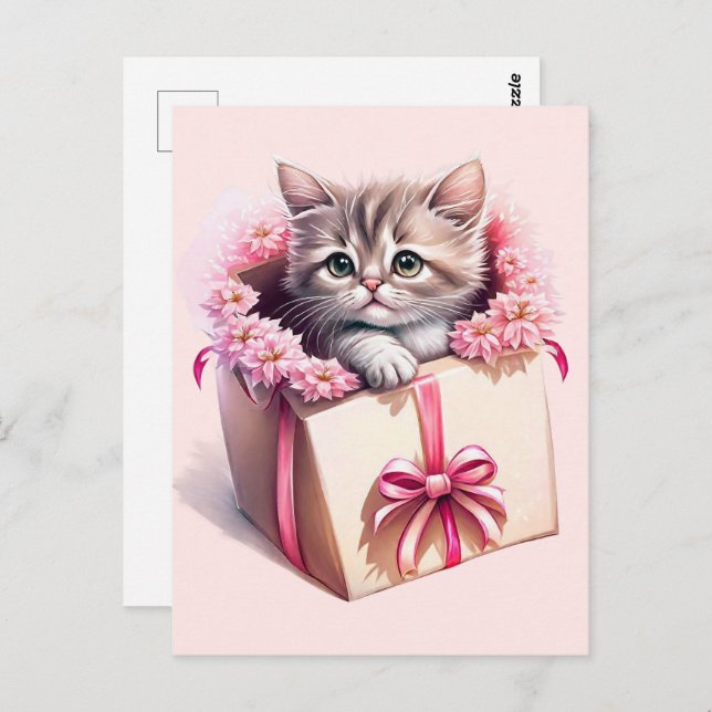Adorable Kitten in a Box Birthday Gift Postcard (Front/Back)