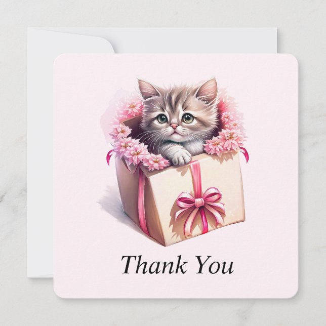 Adorable Kitten in a Box Birthday Gift Thank You Card (Front)