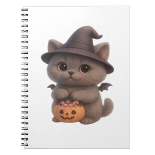 Adorable Kitten in Halloween Witch Costume with Pu Notebook
