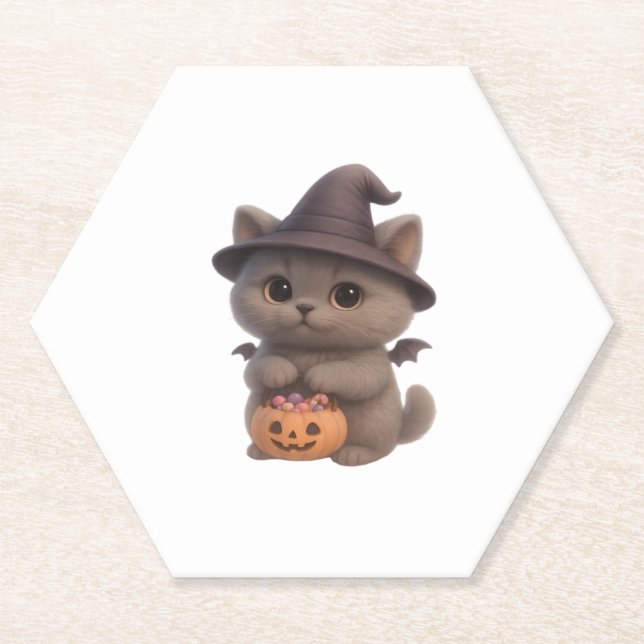 Adorable Kitten in Halloween Witch Costume with Pu Paper Coaster (Front)