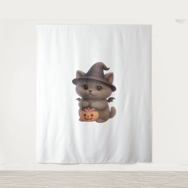 Adorable Kitten in Halloween Witch Costume with Pu Tapestry (Front)