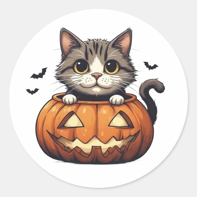 Adorable Kitten In Jack O Lantern Theme 🎃 Classic Round Sticker (Front)