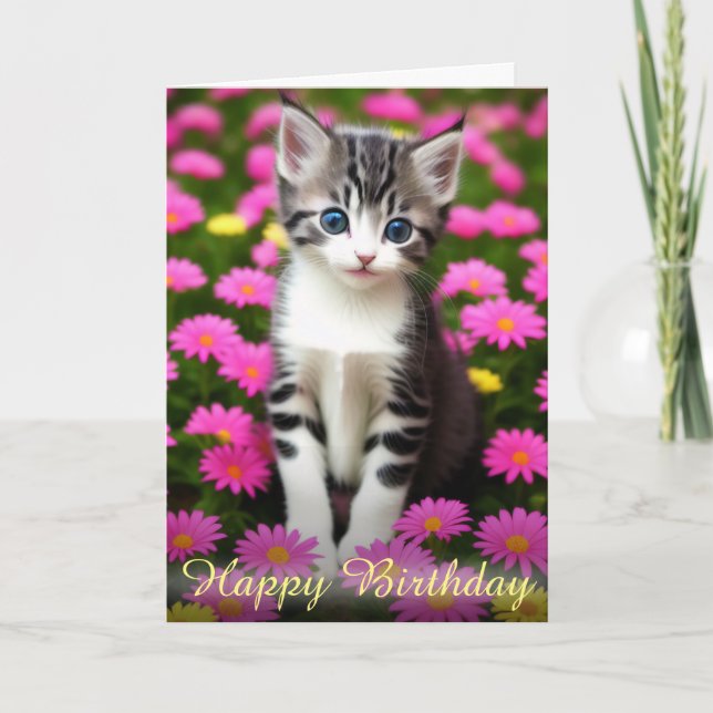 Adorable Kitten in Pink Flowery Field Birthday Card (Front)