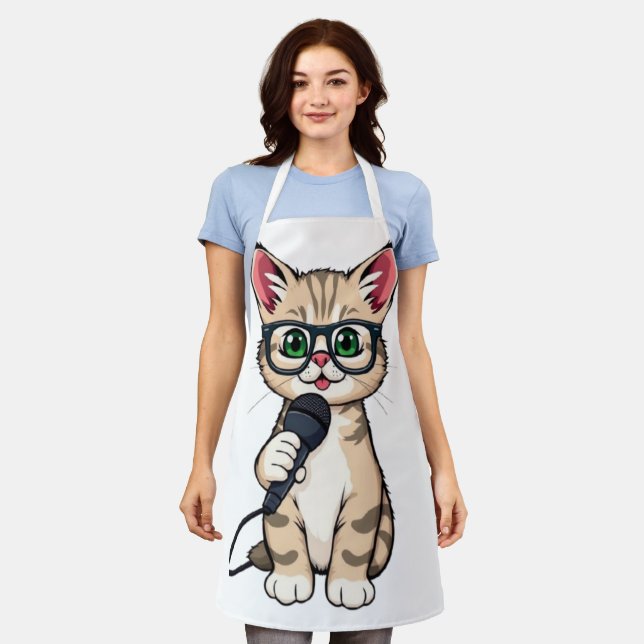 "Adorable Kitten Reporter Cartoon Sticker" Apron (Worn)