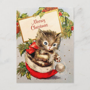 Adorable Kitten Sitting Santa Hat Meowy Christmas Postcard