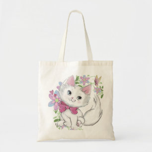 Adorable Kitten With Butterfly & Flowers Tote Bag