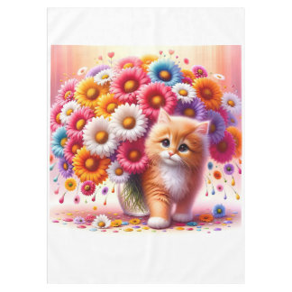Adorable Kitten with Colourful Flower Bouquet Tablecloth