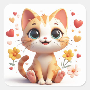 Adorable Kitten With Floral Hearts And Smile 💖 Square Sticker
