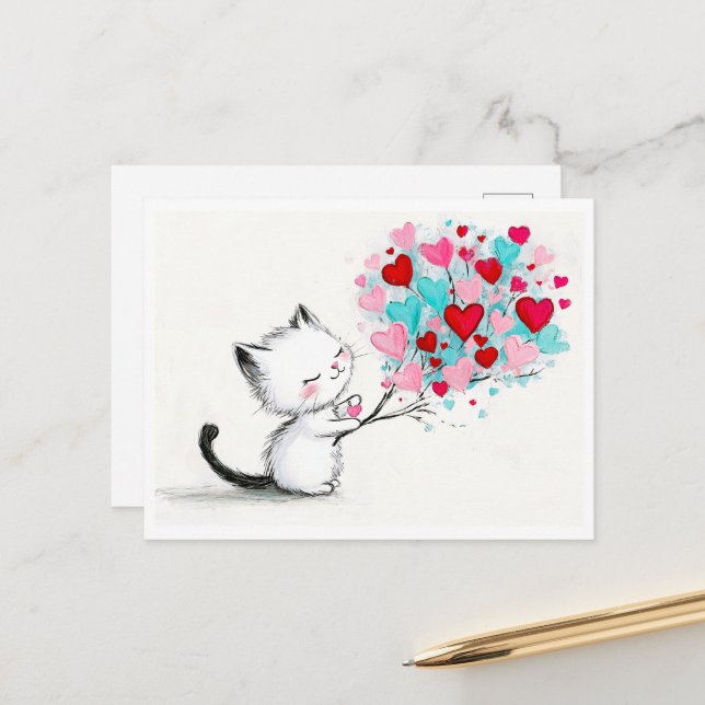 Adorable Kitten with Hearts Illustration Postcard (Front/Back In Situ)