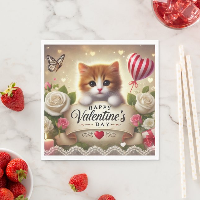 Adorable Kitten with Roses, Candles, and Hearts Napkin (Insitu)