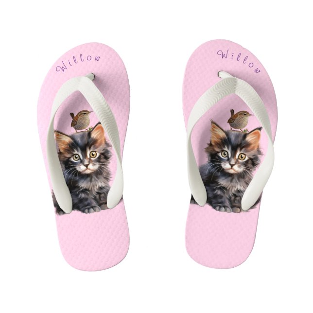 Adorable Kitten with Wren Bird  Kid's Thongs (Footbed)