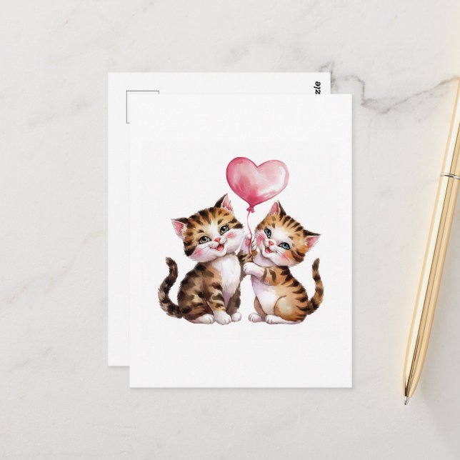 Adorable kittens and heart balloons postcard (Front/Back In Situ)