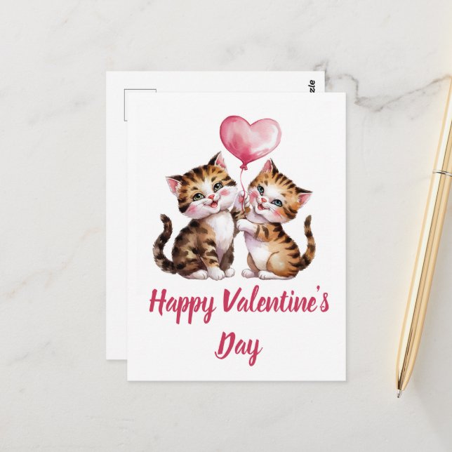 Adorable kittens and heart balloons Valentine Postcard (Front/Back In Situ)