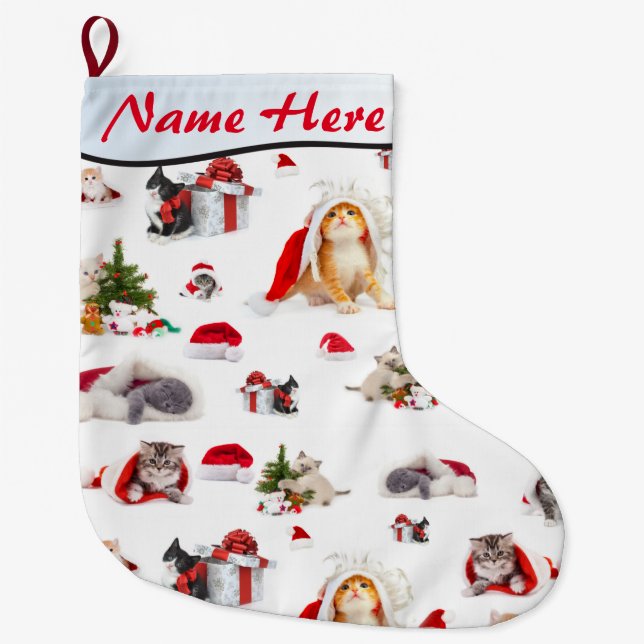 Adorable Kittens Christmas ADD YOUR NAME Large Christmas Stocking (Front)