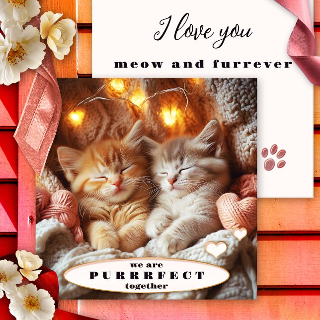 Adorable Kittens Happy Valentines Day Card (Sweet romantic Valentine's Day card featuring an illustration of two adorable kittens cozy together)