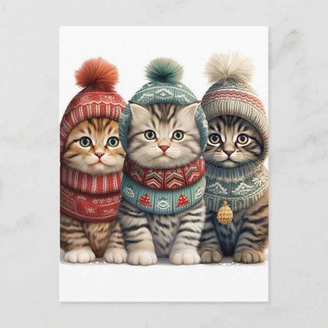 Adorable Kittens in Winter Clothes AI Art Postcard (Front)