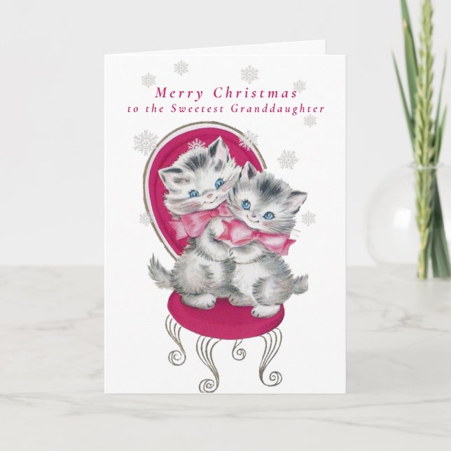 Adorable Kittens Pink Bow Christmas Snowflakes Card (Front)