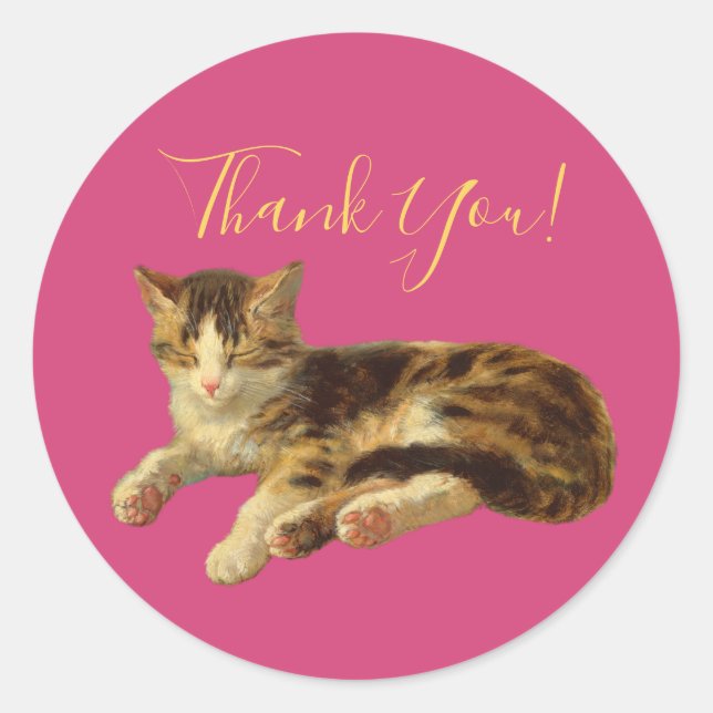 Adorable Kitty Cat Thank You Magenta Gold Script Classic Round Sticker (Front)