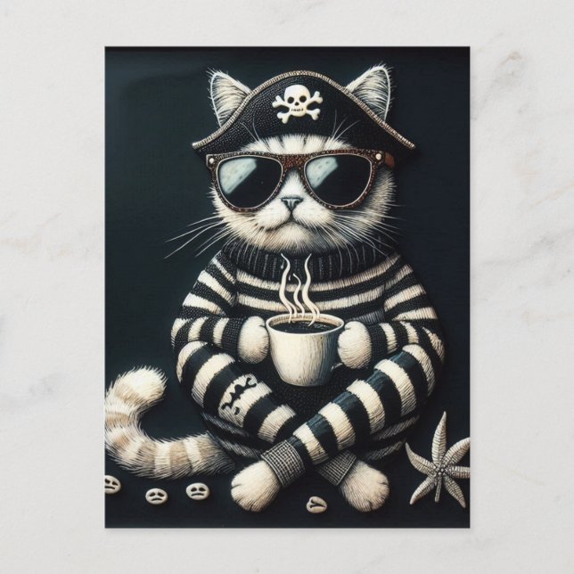 Adorable Kitty Pirate With a Coffee Postcard (Front)