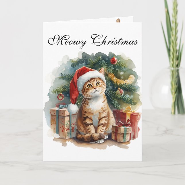 Adorable kitty watercolor Meowy Cristmas Card (Front)