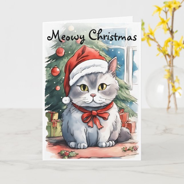 Adorable kitty watercolor style Meowy Cristmas  Card (Yellow Flower)