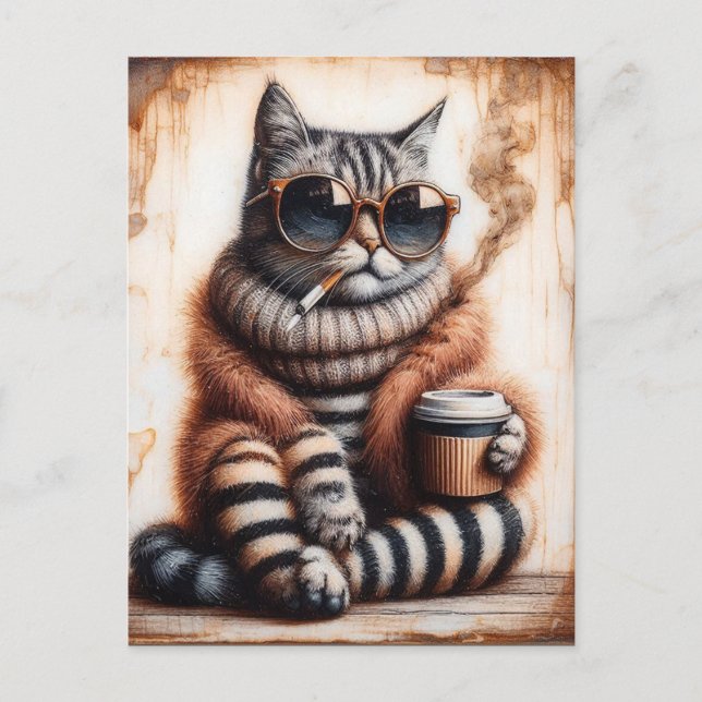 Adorable Kitty With a Coffee Postcard (Front)