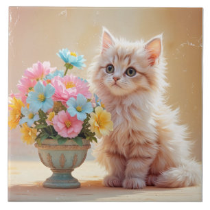 Adorable Kitty with Bouquet of Flowers Ceramic Tile