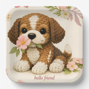 Adorable Knitted Puppy Whimsical floral Paper Plate