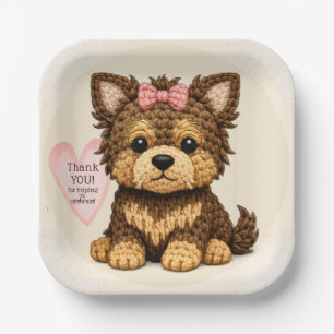 Adorable Knitted Puppy with Bow Party Illustration Paper Plate