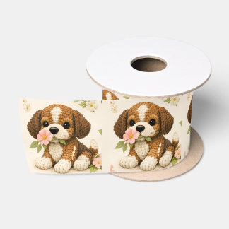 Adorable Knitted Puppy with Flowers Satin Ribbon