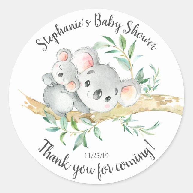 Adorable Koala Bear  Baby Shower Favour Classic Round Sticker (Front)