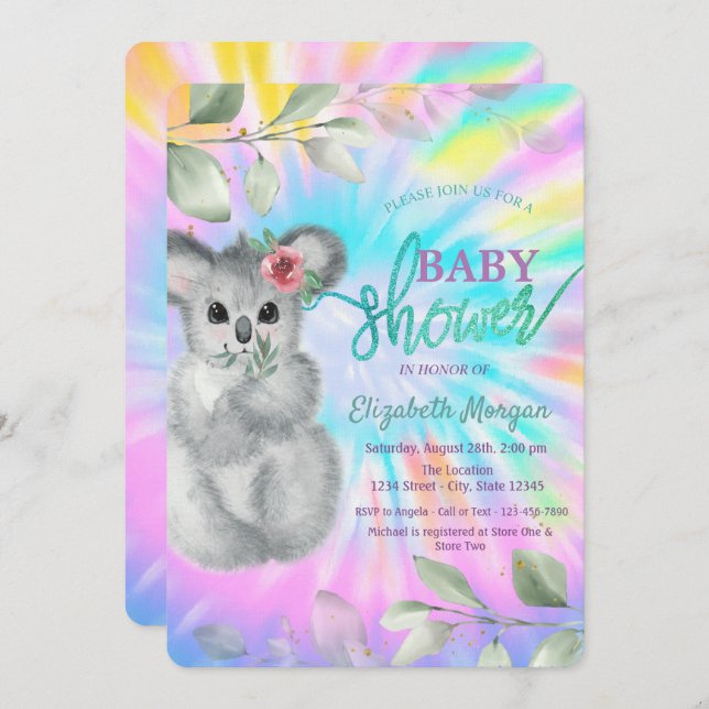 Adorable Koala Tie Dye Baby Shower Invitation (Front/Back)