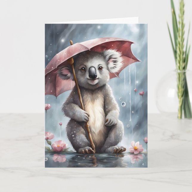 Adorable Koala Umbrella Flowers Illustration Blank Card (Front)