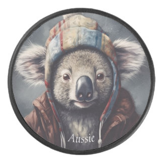 Adorable koala wearing cute hat cusomizable hockey puck