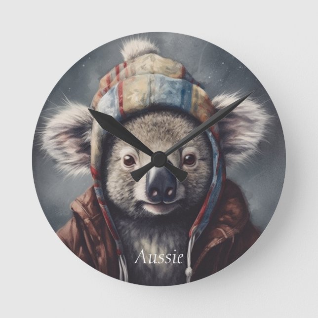 Adorable koala wearing cute hat cusomizable  round clock (Front)
