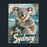 Adorable Koala with Sydney Harbor Bridge Postcard<br><div class="desc">Celebrate the beauty of Australia with this vibrant artwork showcasing a lovable koala holding eucalyptus leaves in a picturesque setting. Framed by lush foliage,  the scene highlights the iconic Sydney Harbor Bridge and sparkling waters in the background,  blending nature and urban charm.</div>