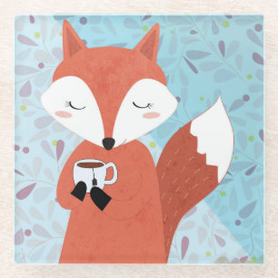 Adorable Lady Fox Leaf Background Glass Coaster